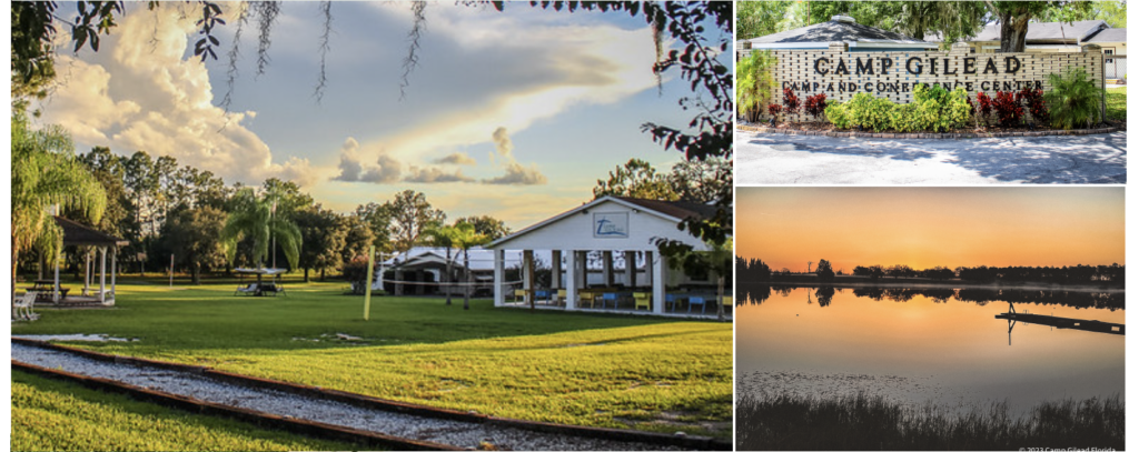Camp Gilead grounds, entrance, and lakeside sunset